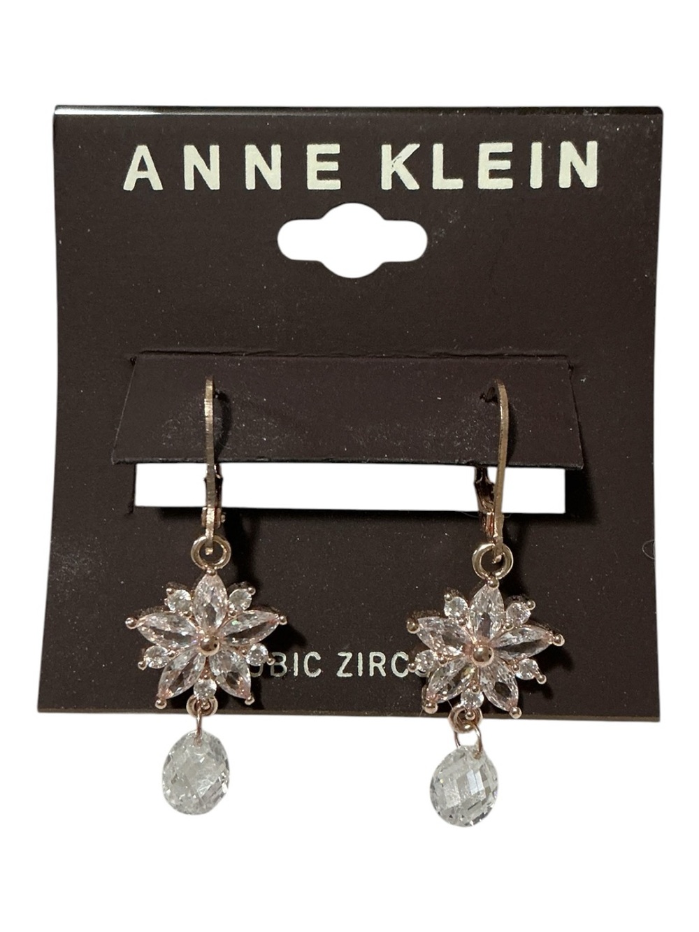 Anne Klein Clear Crystal Floral Design And Teardrop Rose Gold Tone Earrings